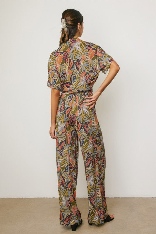 Elaine High Waist Wide Leg Tropical Print Pants Green