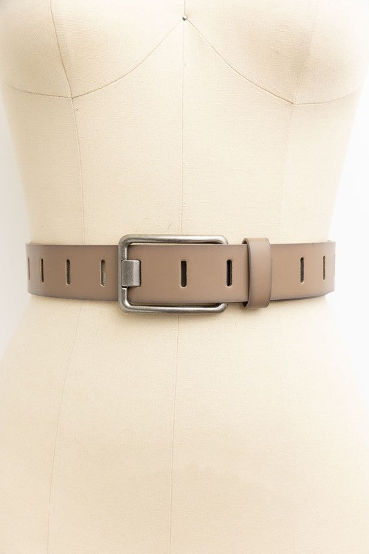 Jenny Rectangle Metal Buckle Vegan Leather Belt Taupe