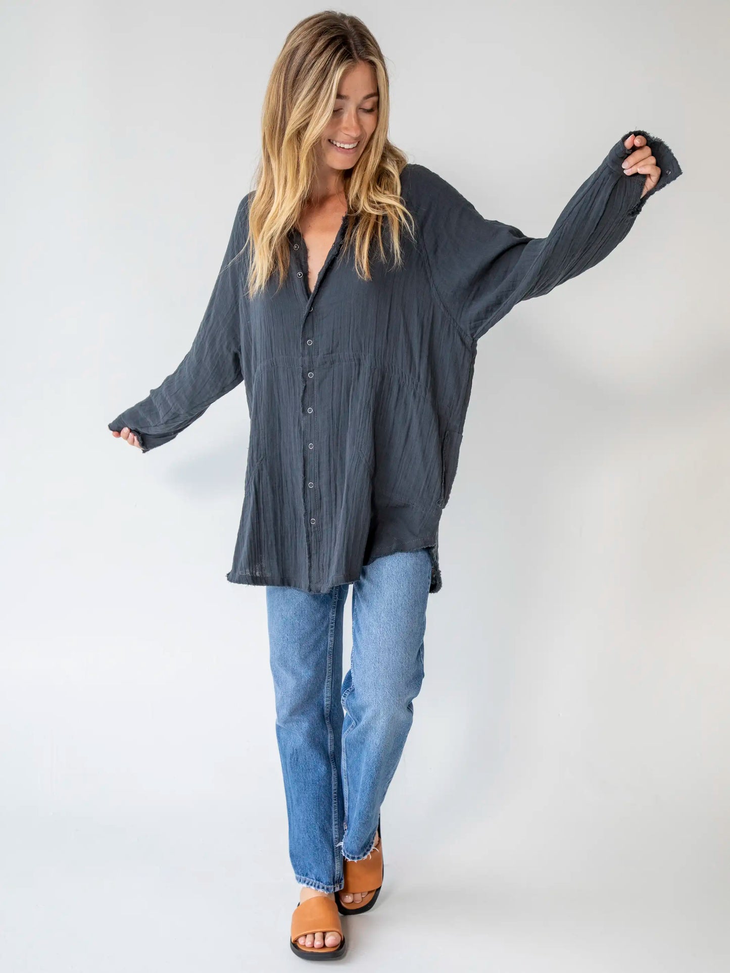 Laid Back Cotton Button Down Top - Charcoal