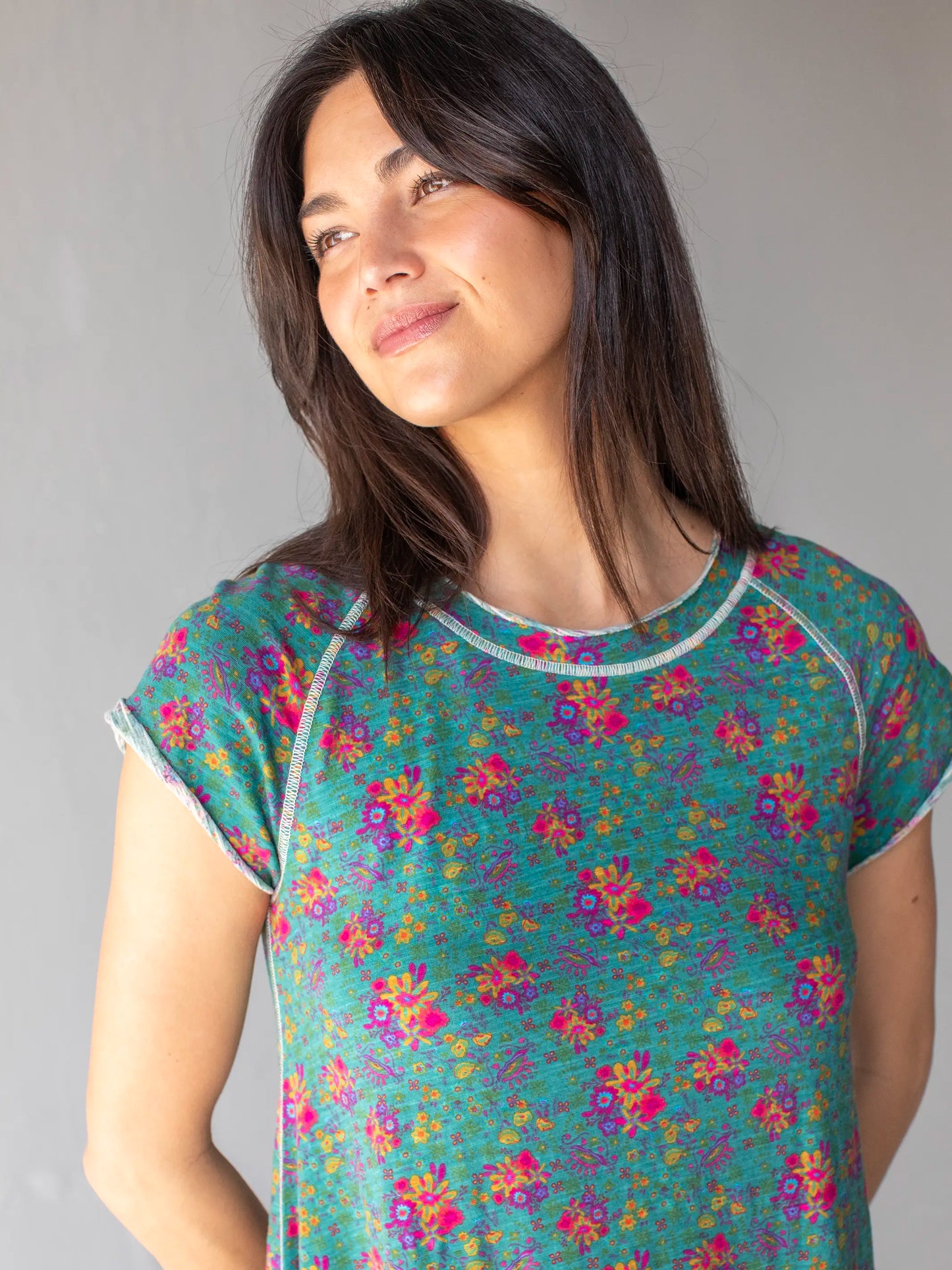Lily Knit Cotton Tee Dress - Turquoise Floral Medallions