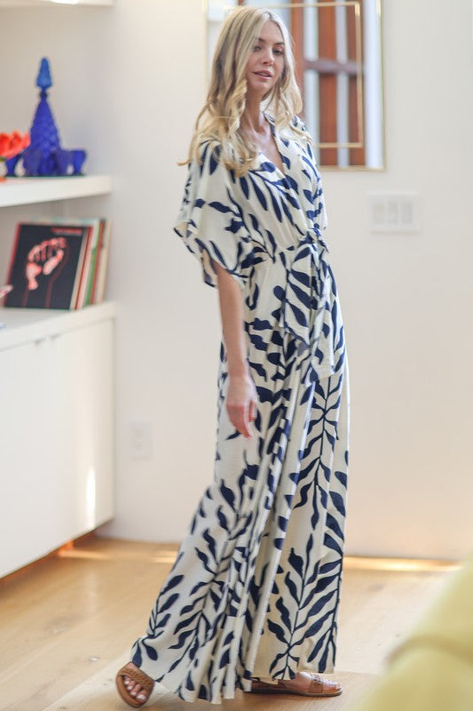 Rosaline Short Kimono Sleeve Waist Tie Tropical Print Wide Leg Jumpsuit Navy