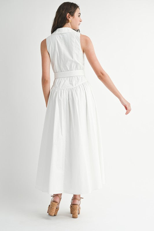 Dariana Sleeveless Waist Tie Button Front Midi Dress White