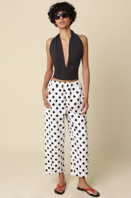 Aster Sleeveless Halter Open Back Polka Dot Print Top Black