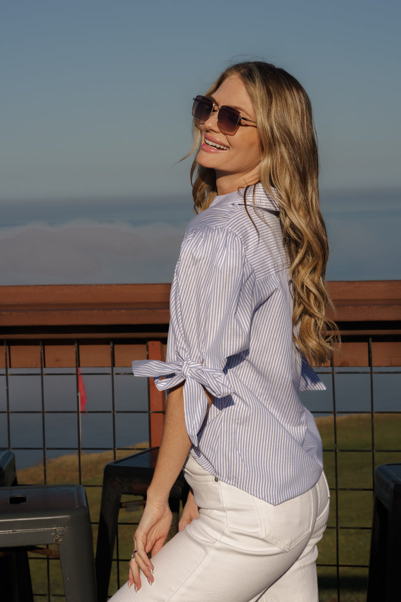 Olive Short Puff Sleeve Button Down Stripe Print Top Blue