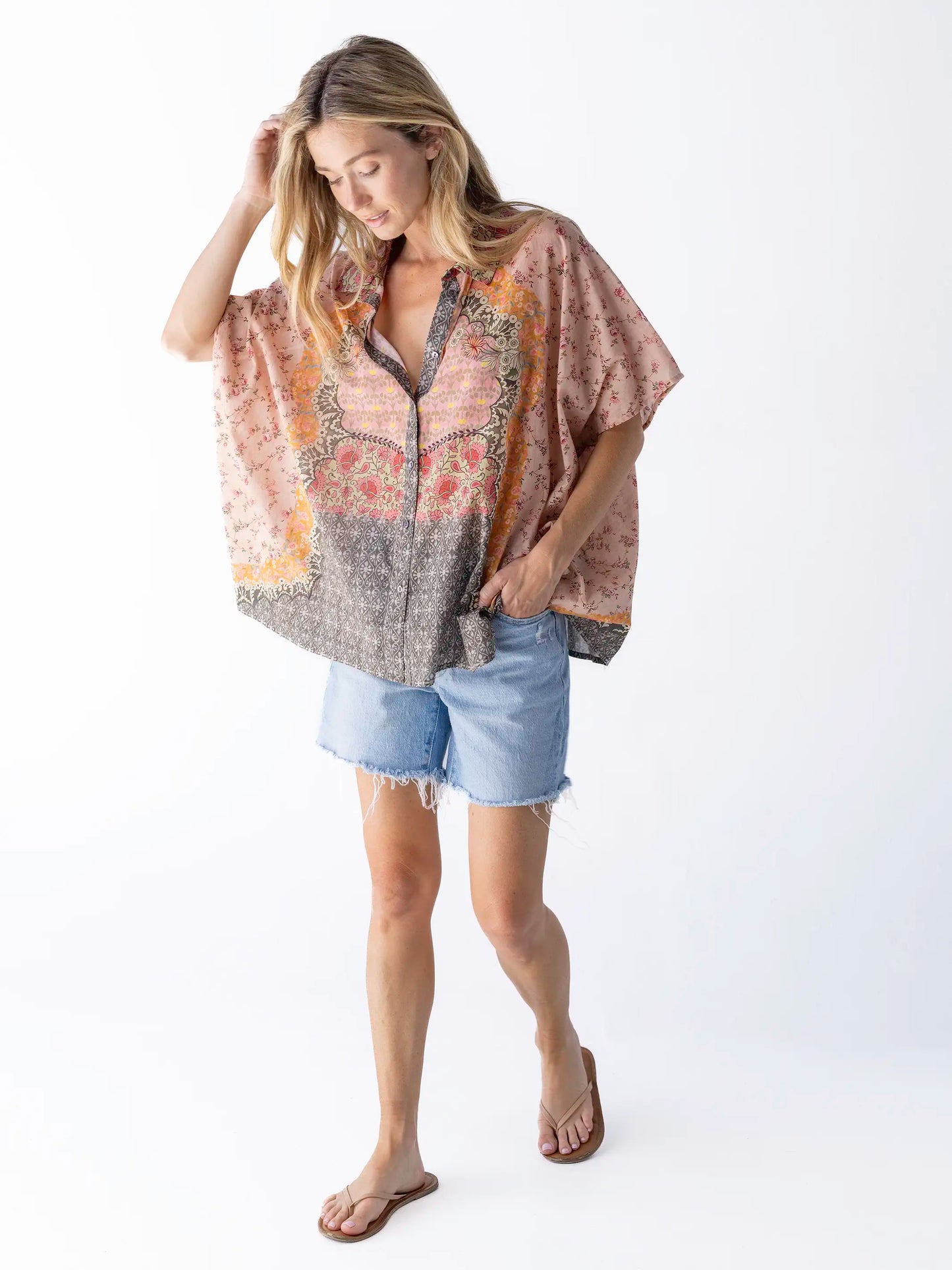Kelly Oversized Cotton Button Down - Pink Frames