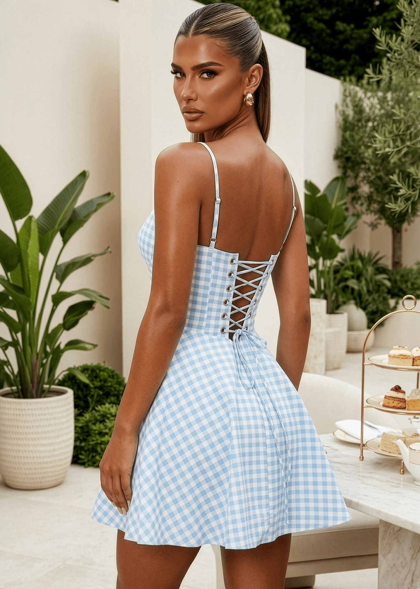 Meadow Muse Corset Gingham Mini Dress - Blue