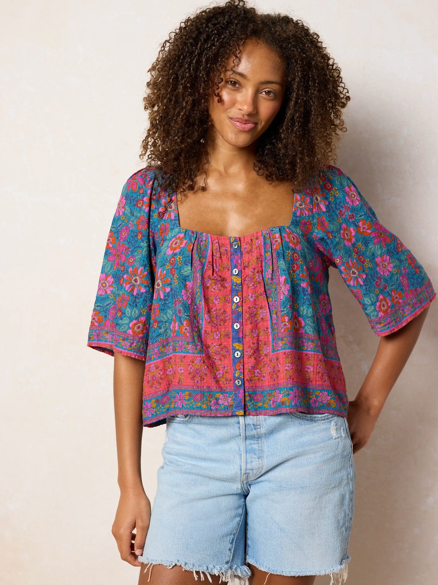 Kalli Top - Teal Boho Border Scarf