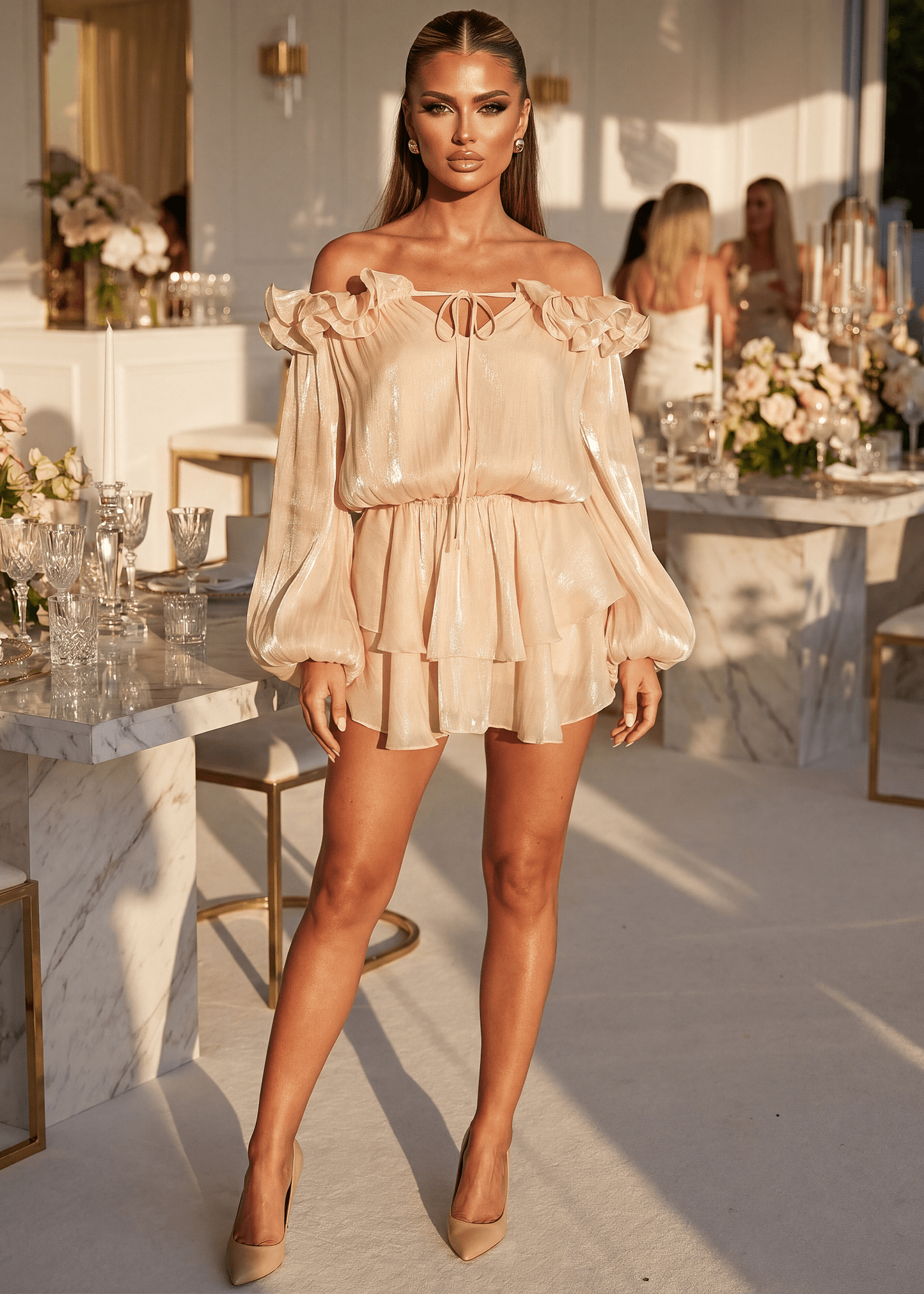 Whimsical Embrace Ruffle Mini Dress - Beige