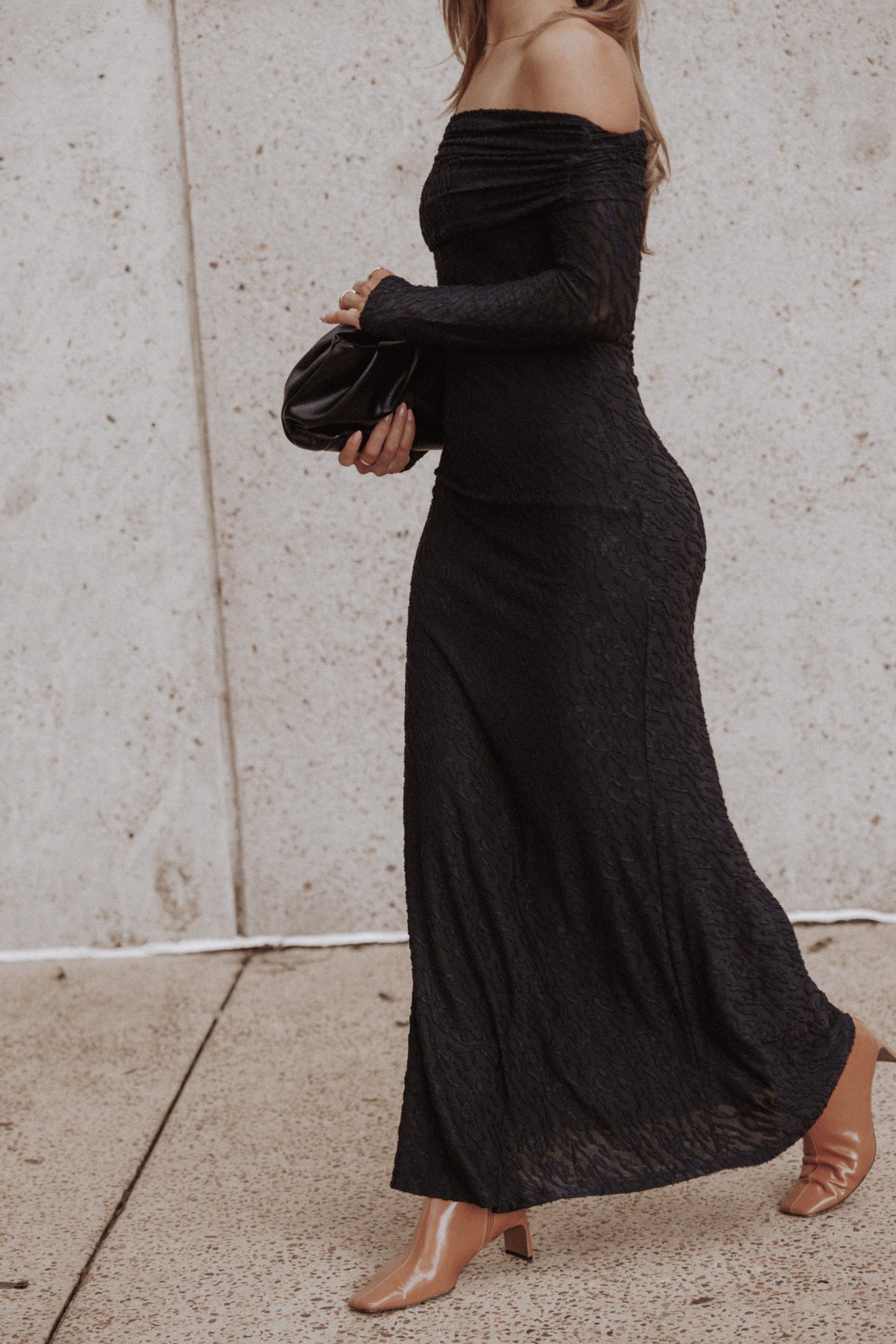 Brandy Textured Mesh Maxi Dress - Black