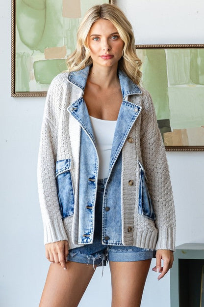 Waitlist 6/28 • Clarissa Long Sleeve Cable Knit Denim Trim One Size Shacket Cream