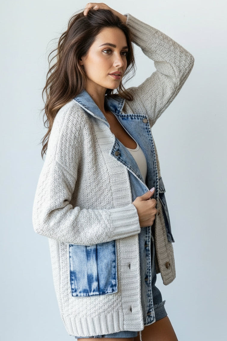 Waitlist 6/28 • Clarissa Long Sleeve Cable Knit Denim Trim One Size Shacket Cream
