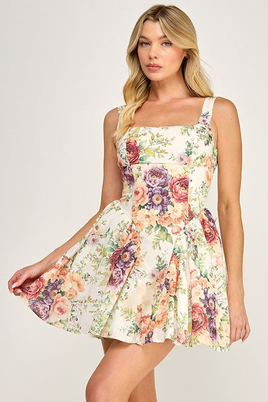 Talen Sleeveless Open Back Vintage Floral Print Mini Dress Ivory