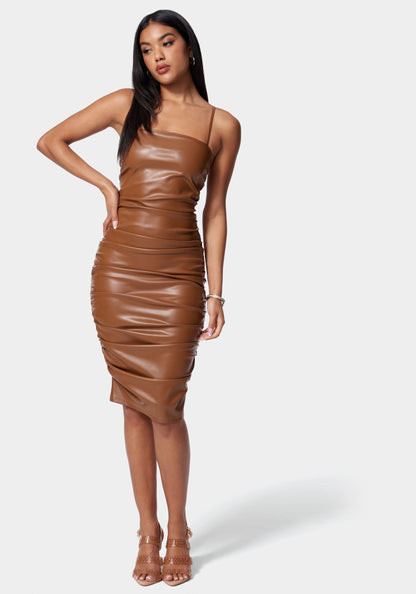 Ruched Midi Vegan Leather Dress