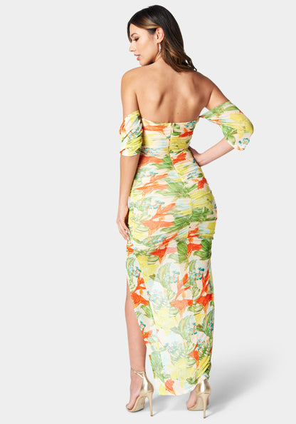 Printed Off Shoulder Mesh Dress