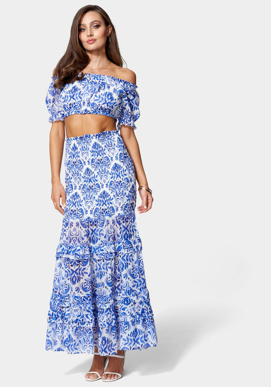 Ruched Bubble Top And Smocked Maxi Skirt Woven Set