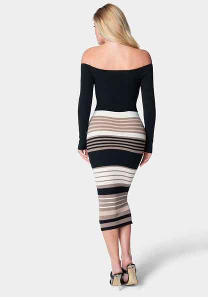 Off Shoulder Stripe Midi Dress