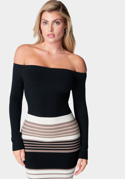 Off Shoulder Stripe Midi Dress