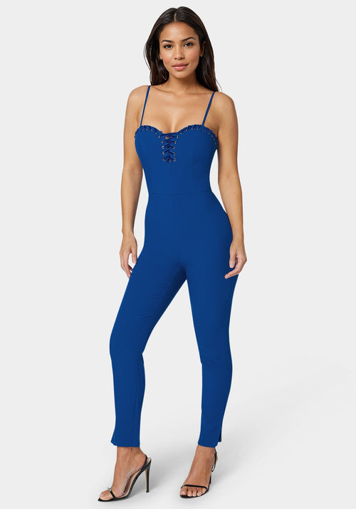 Lace Up Neckline Slim Leg Jumpsuit