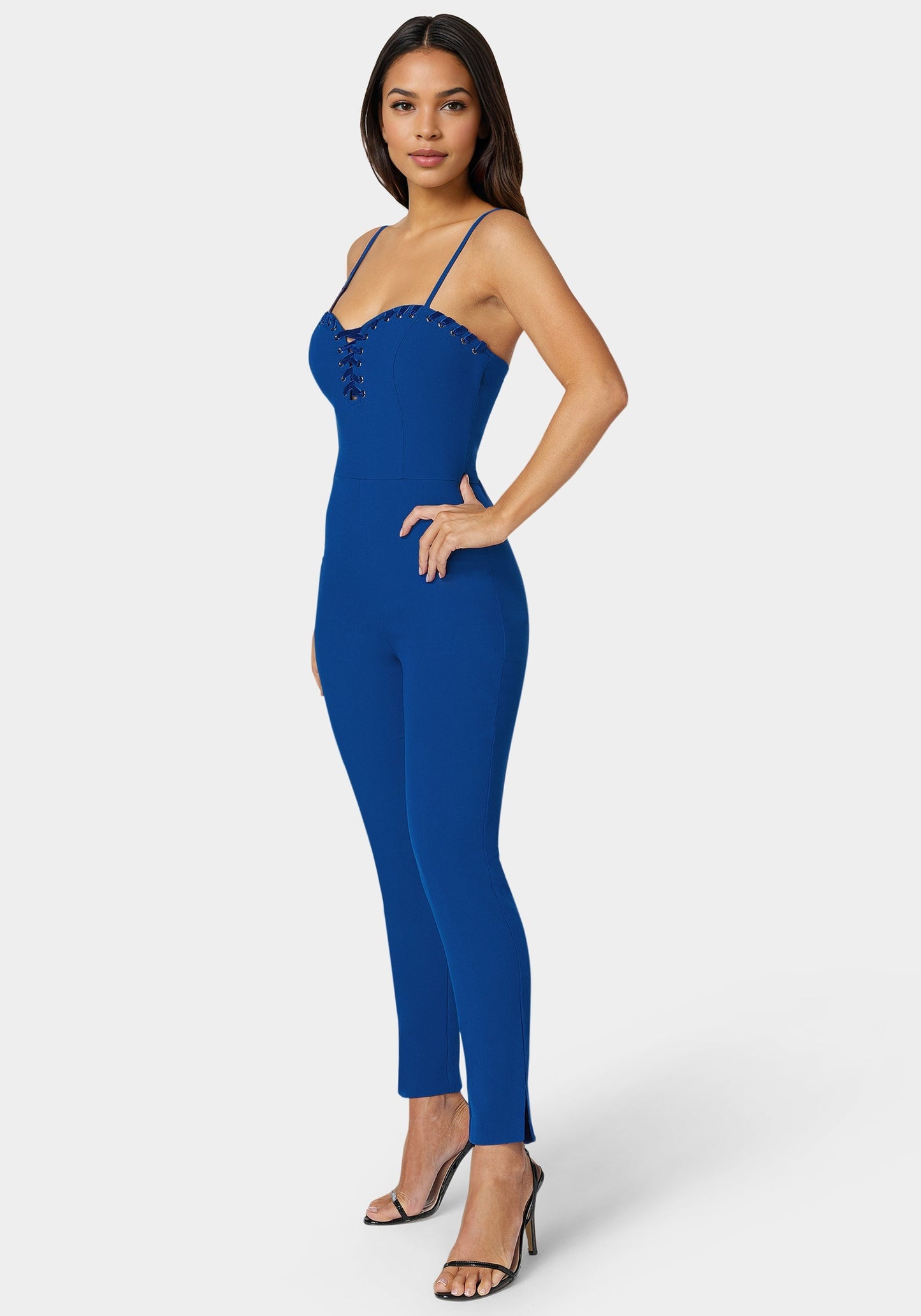 Lace Up Neckline Slim Leg Jumpsuit