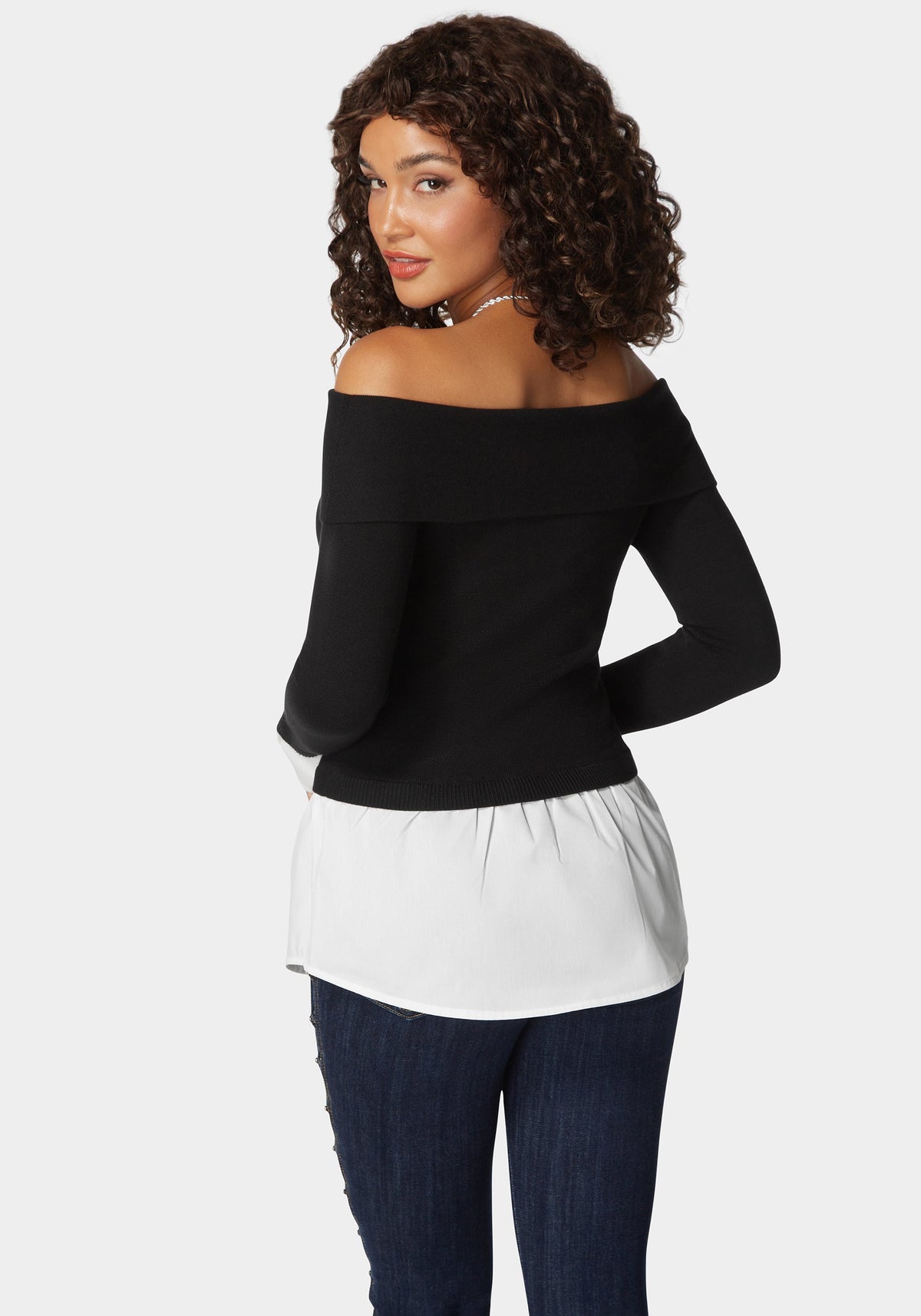 Poplin Combo Fold Over Off Shoulder Sweater Top