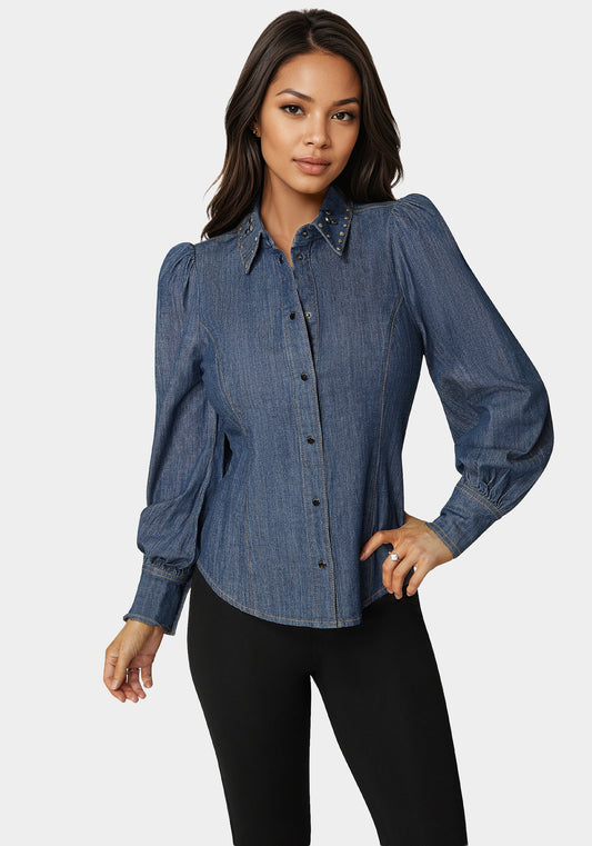 Button Front Studded Collar Denim Shirt