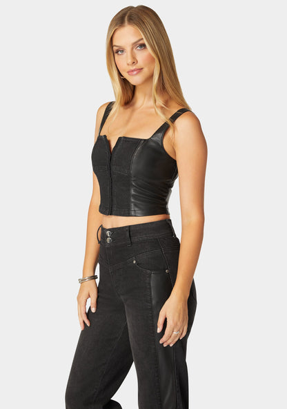 Eyelet Front Combo Vegan Leather Denim Corset