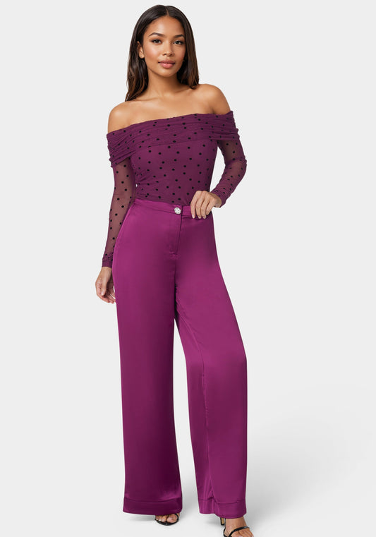 Off Shoulder Flocked Mesh Top