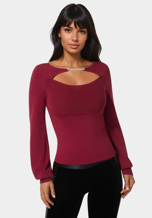 Open Neck Rhinestone Trim Sweater