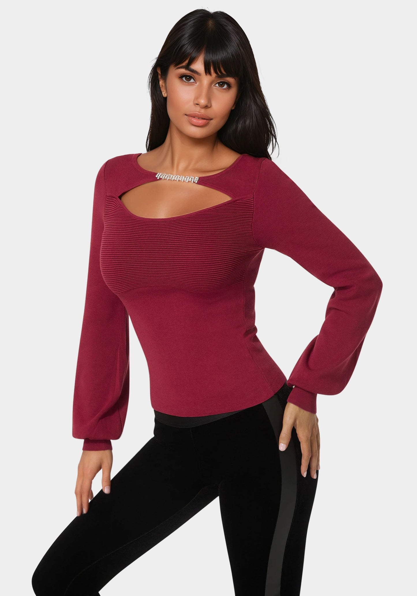 Open Neck Rhinestone Trim Sweater