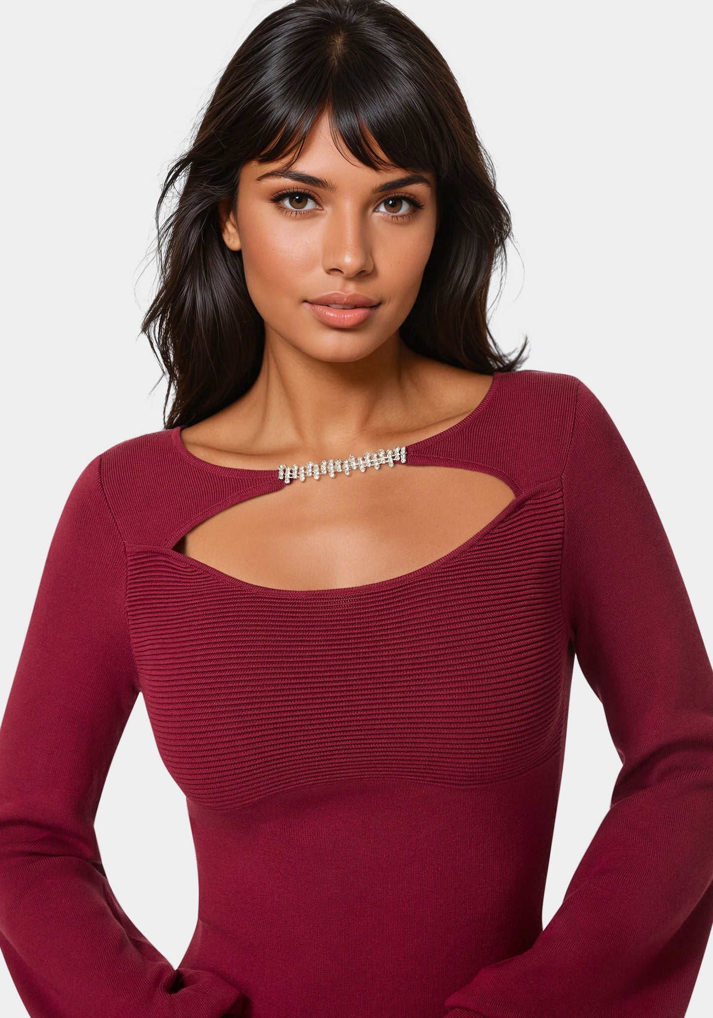 Open Neck Rhinestone Trim Sweater