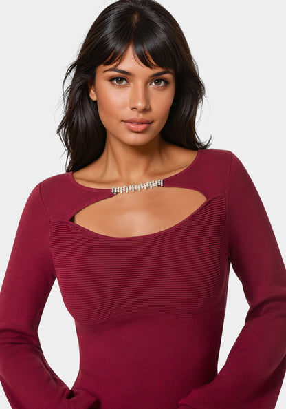Open Neck Rhinestone Trim Sweater