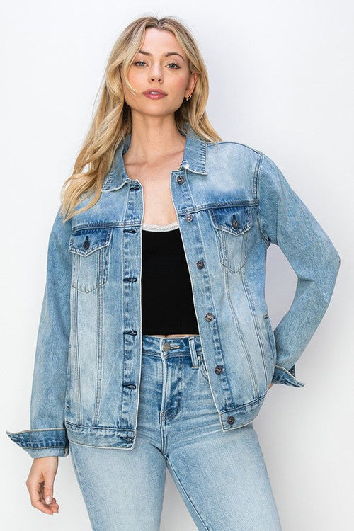Leticia Long Sleeve Button Down Oversized Denim Jacket Medium Wash