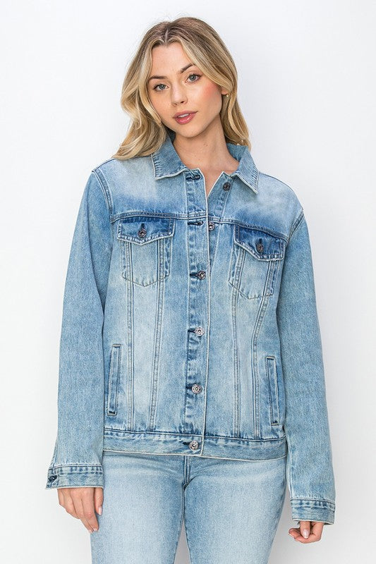 Leticia Long Sleeve Button Down Oversized Denim Jacket Medium Wash