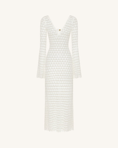 鏤空織紋針織挖空長洋裝 - 白色