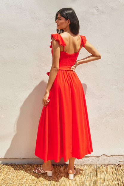 Lizette Flutter Sleeve Waist Tie Maxi Dress Red
