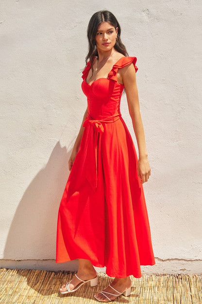 Lizette Flutter Sleeve Waist Tie Maxi Dress Red