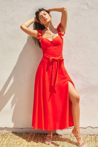 Lizette Flutter Sleeve Waist Tie Maxi Dress Red