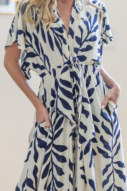 Rosaline Short Kimono Sleeve Waist Tie Tropical Print Wide Leg Jumpsuit Navy
