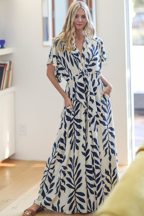 Rosaline Short Kimono Sleeve Waist Tie Tropical Print Wide Leg Jumpsuit Navy