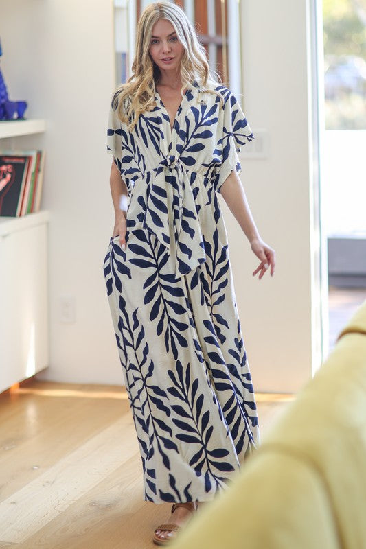Rosaline Short Kimono Sleeve Waist Tie Tropical Print Wide Leg Jumpsuit Navy