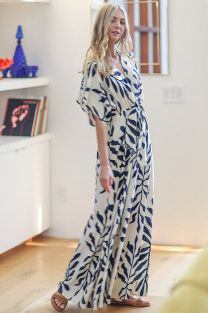 Rosaline Short Kimono Sleeve Waist Tie Tropical Print Wide Leg Jumpsuit Navy