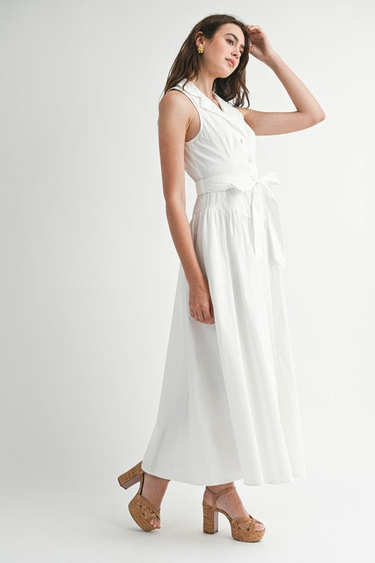 Dariana Sleeveless Waist Tie Button Front Midi Dress White