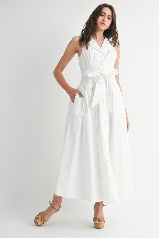 Dariana Sleeveless Waist Tie Button Front Midi Dress White