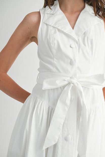 Dariana Sleeveless Waist Tie Button Front Midi Dress White