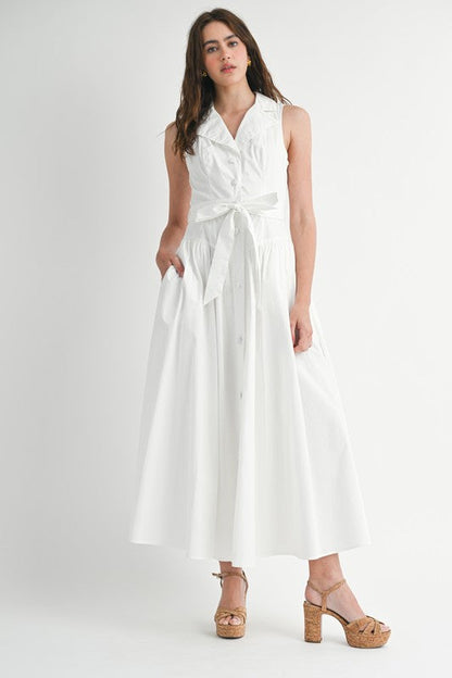 Dariana Sleeveless Waist Tie Button Front Midi Dress White