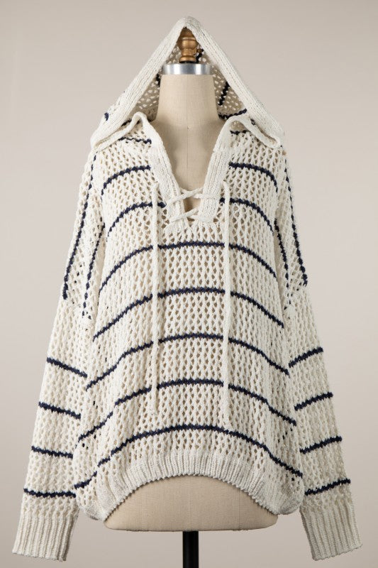 Bailey Long Sleeve Open Cable Knit Hoodie Sweater Ivory