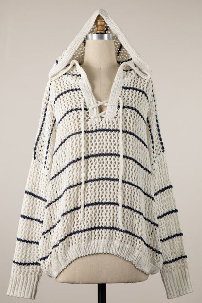 Bailey Long Sleeve Open Cable Knit Hoodie Sweater Ivory