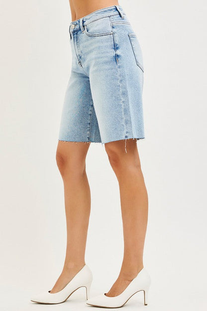 Lilly High Rise Raw Hem Denim Bermuda Shorts Light Wash