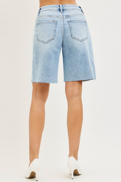 Lilly High Rise Raw Hem Denim Bermuda Shorts Light Wash