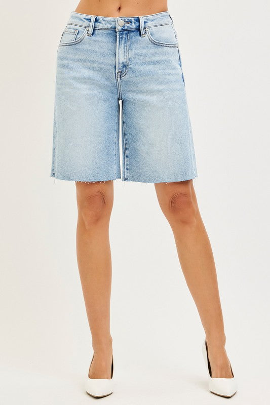 Lilly High Rise Raw Hem Denim Bermuda Shorts Light Wash